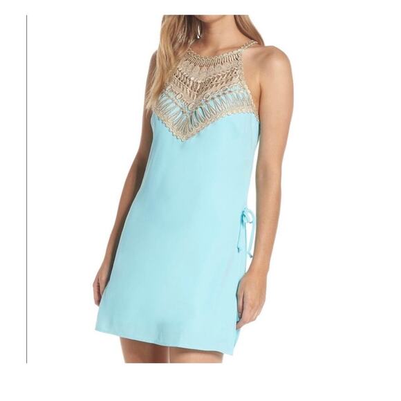 Lilly Pulitzer Pants - Lilly Pulitzer Pearl Gold Lace Romper Shift Dress in Bali blue